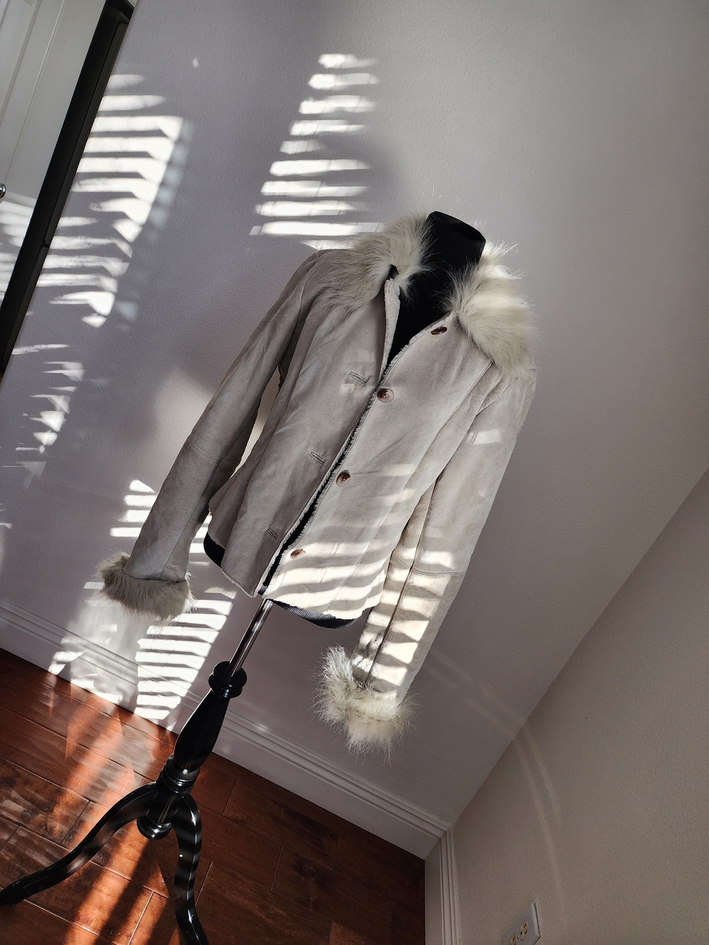 XOXO Women's Cream Trench Coat with Faux Fur Trim